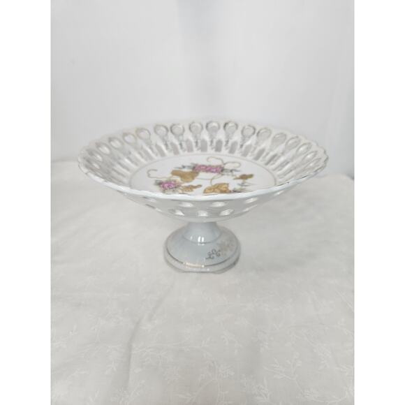 Vintage Pierced Reticulated Porcelain Pedestal Compote Bowl Gold Flowers Japan - Picture 1 of 6
